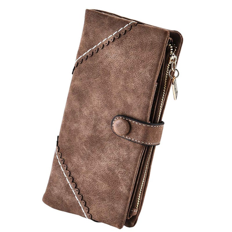 Bird&Fish Women wallet Vegan Leather wallet for women Bifold Clutch Large Capacity Card Organizer Buckle Long Purse for Girls Candy Color(Coffee) â€¦ - Image 1